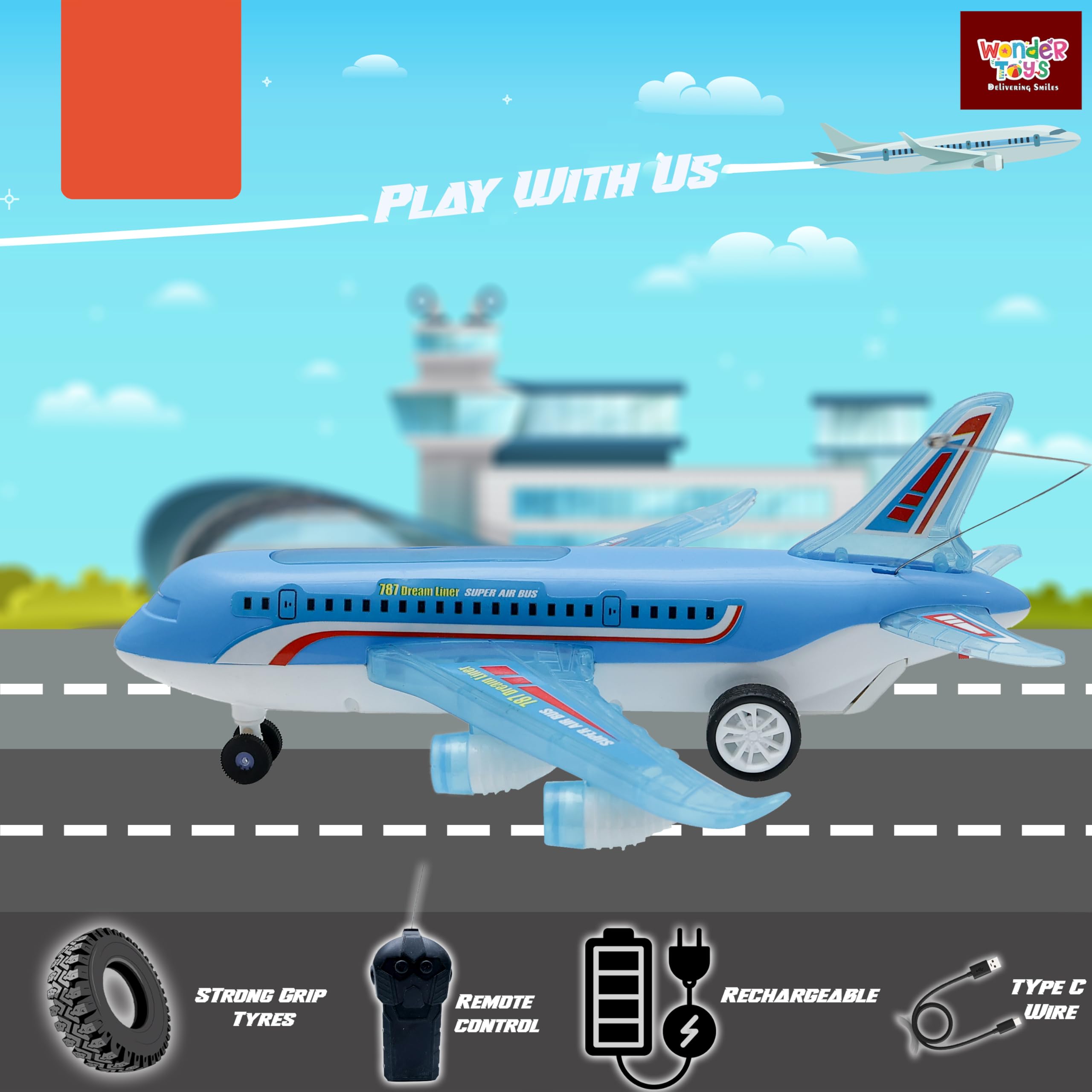 Wonder A-787 RC Airplane Toy Exciting Full-Body Lights & Realistic Sounds for Kids (Blue) - Image 3 thumbnail