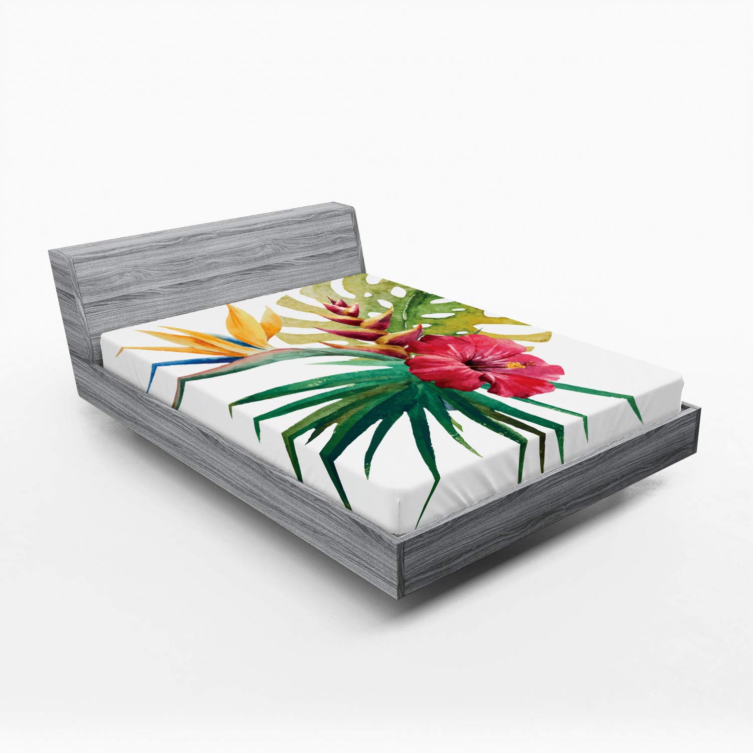 Ambesonne Floral 2 Pack Fitted Sheet, Wild Tropical Orchid, Bed Cover All-Round Elastic Deep Pockets 2 Pieces, Package Contains 2 Queen Size Fitted Sheets, Forest Green