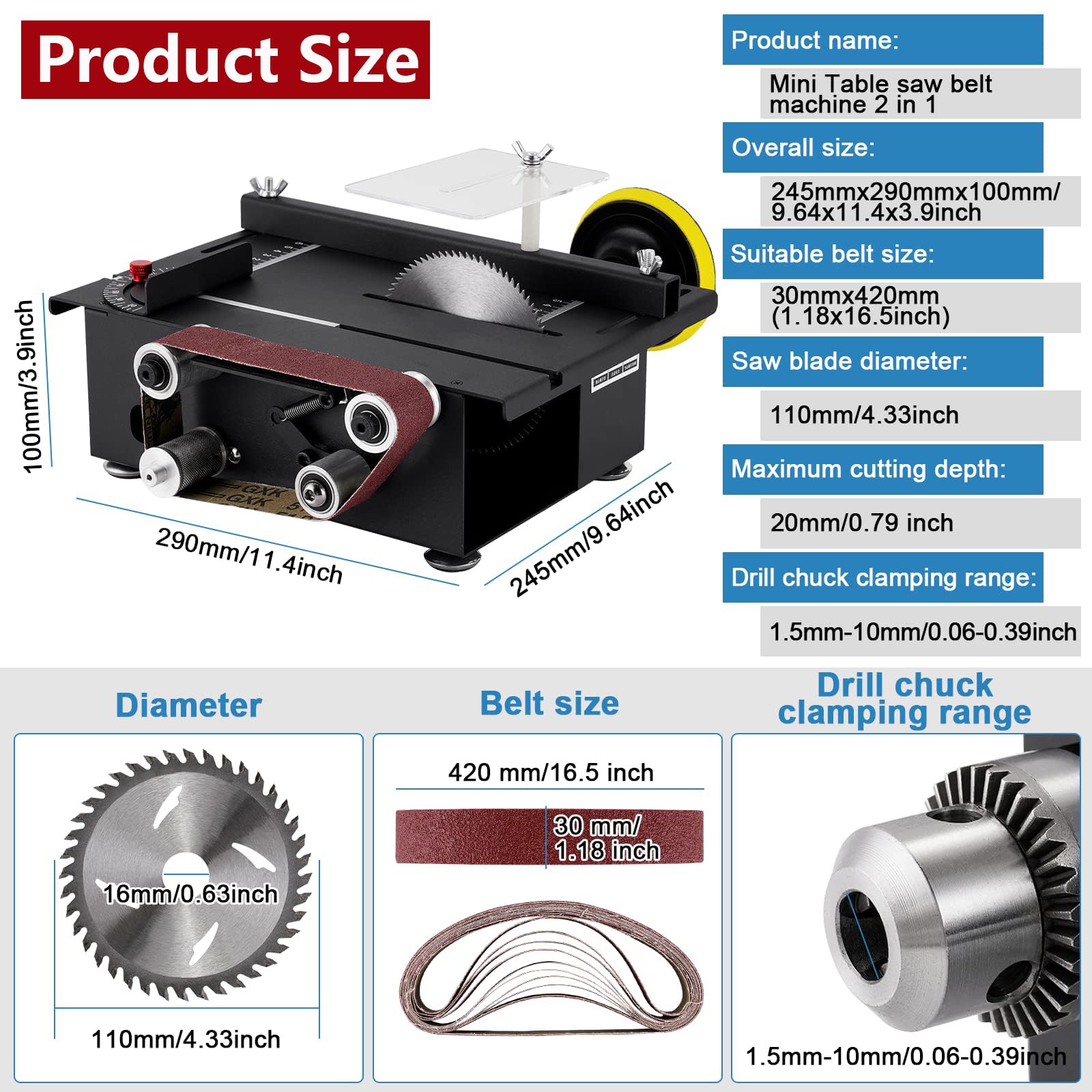 Mini sega da tavolo con levigatrice a nastro, seghe da banco di precisione per la lavorazione del legno, mini disco abrasivo per fai da te, hobby, modellismo, artigianato, PCB, potenza 300 W