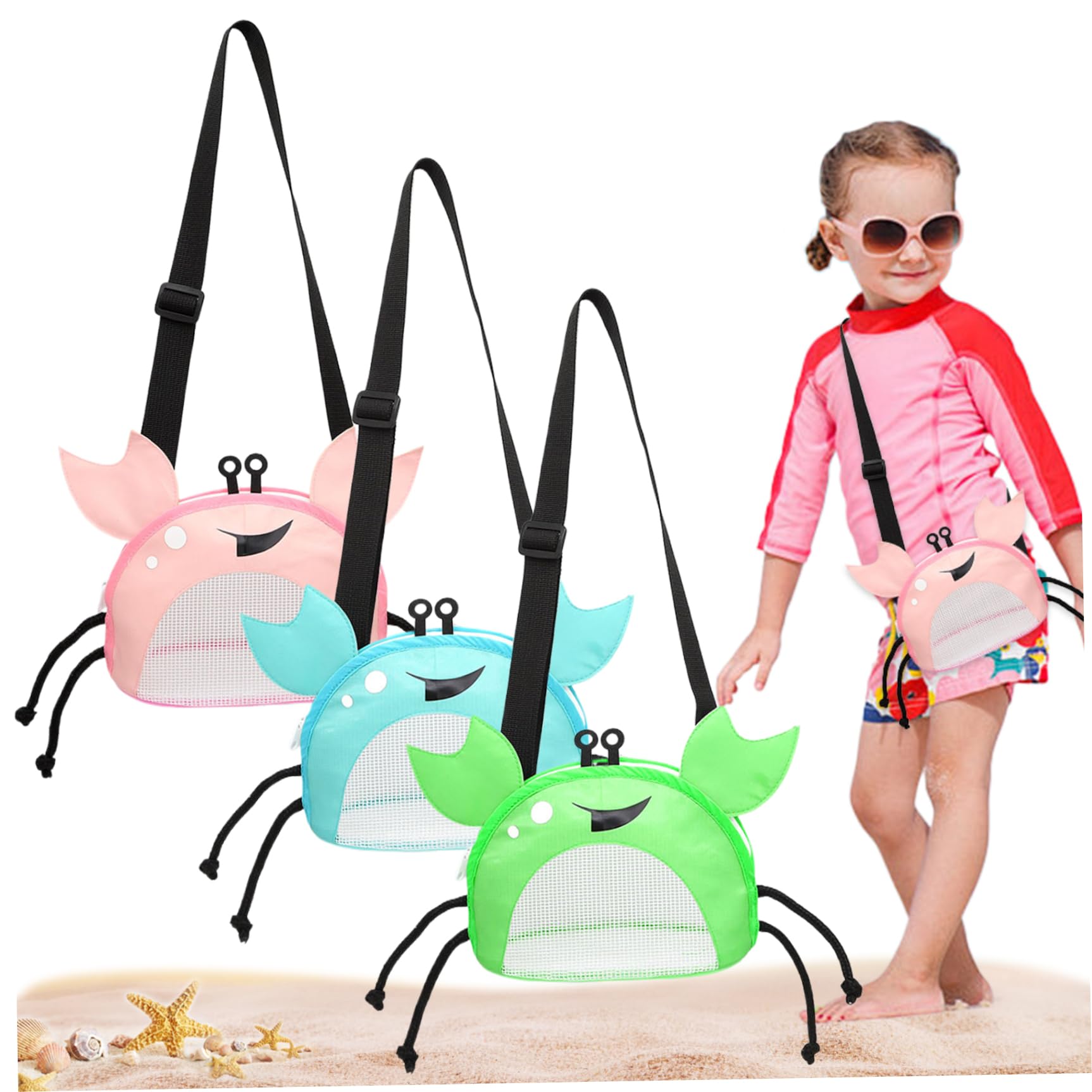 Lawnrden 3PCS Seashell Crab-Shaped Mesh Beach Bag with Adjustable Strap Seashell Collecting Bag for Kids Holding Pool Sand Toy, Beach Toy