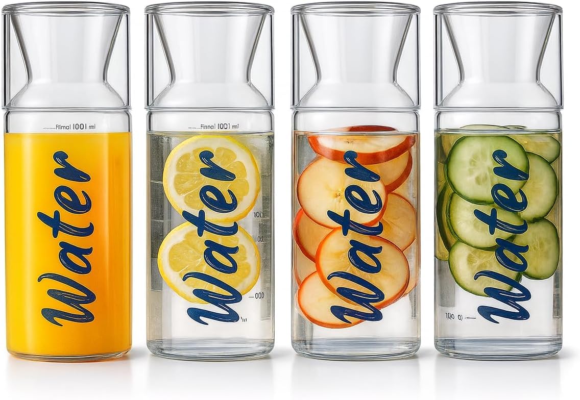 Hombella 1 Liter Glaswasserflasche mit Becherdeckel