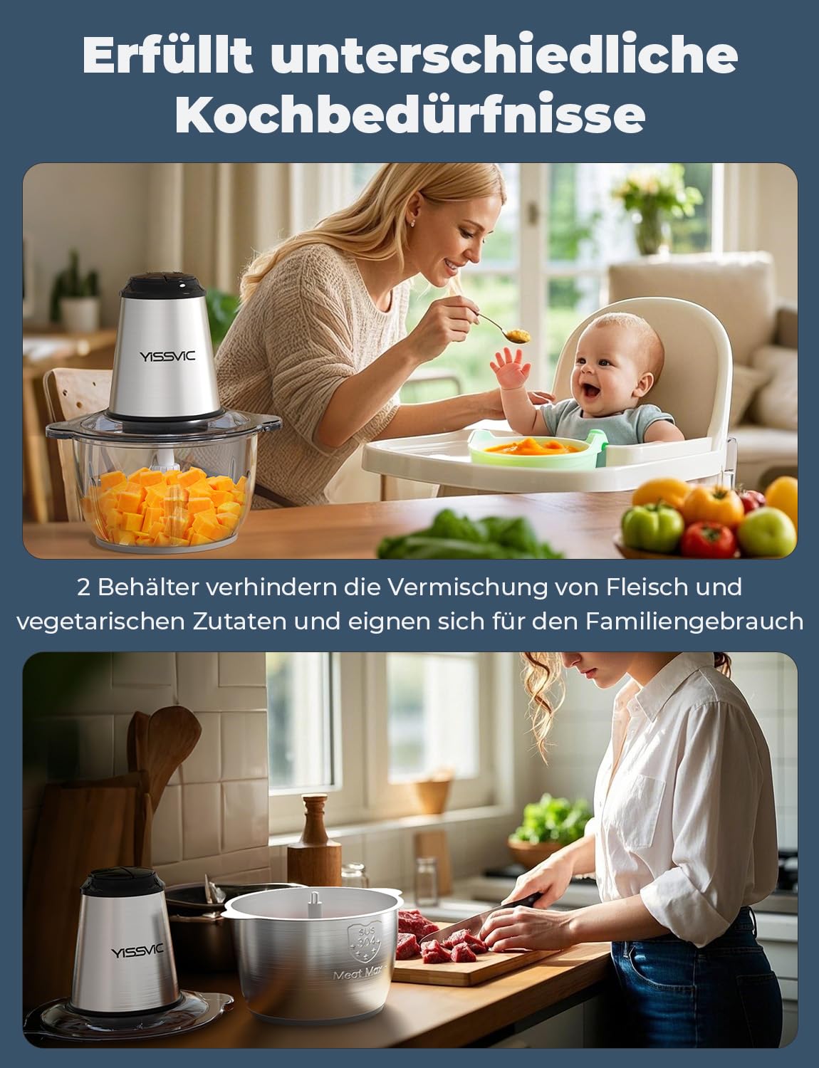 YISSVIC Elektrischer Zerkleinerer für Küche, 4L gesamt mit Glas und Edelstahl-schüssel, multizerkleinerer elektrisch Doppelschüssel mit 8 Klingen 2 Geschwindigkeit für Obst Gemüse Fleisch