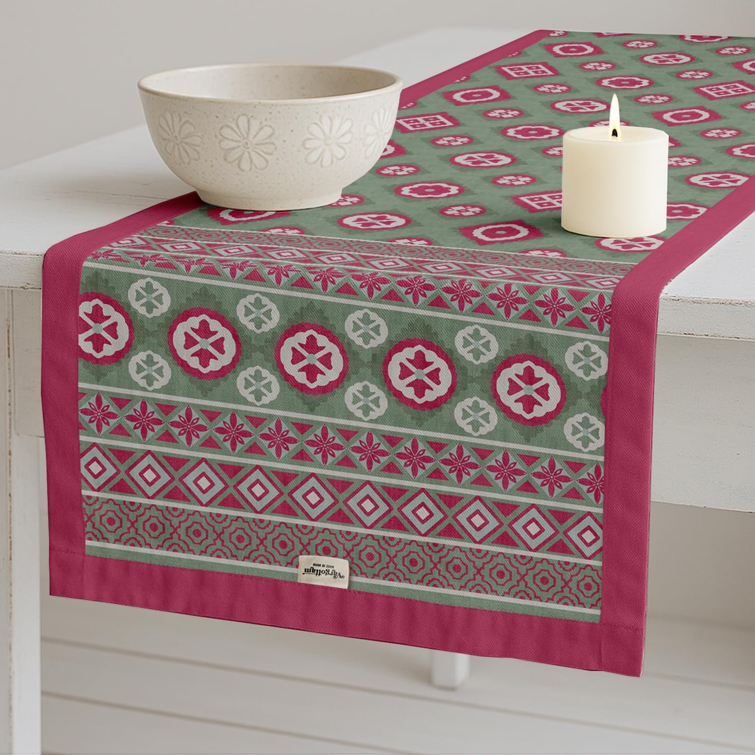 Premium Cotton Table Runner - Lightweight Double Layer - Border Design - Machine Washable Farmhouse Table Decor - Geometric