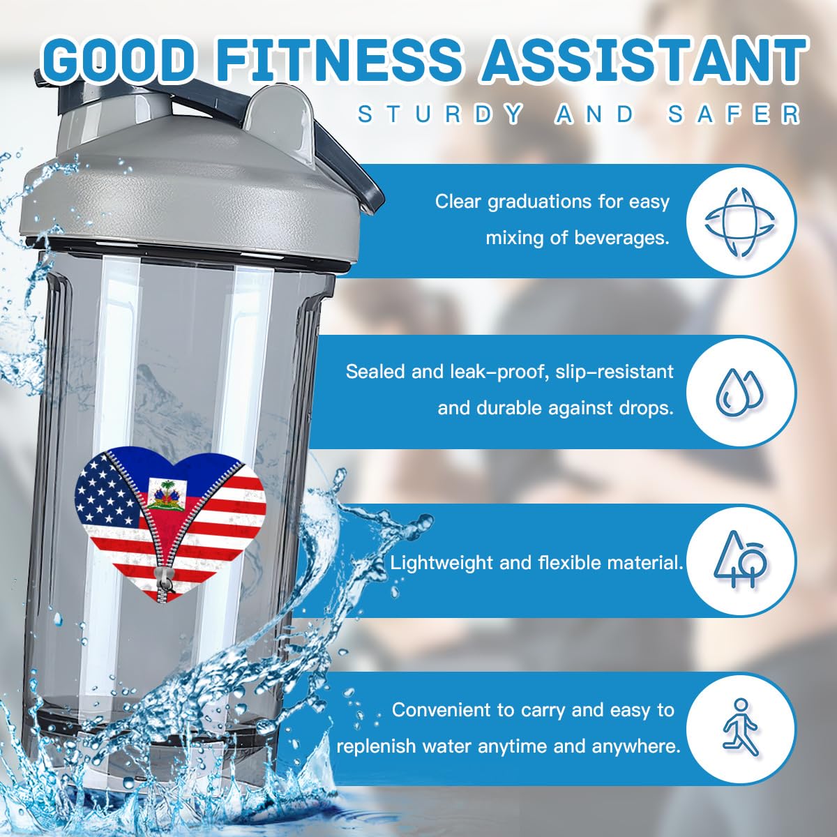 Heart America Flag and Haitian Flag 18 Ounce Shaker Cup,Fashion Theme Pattern Shaker Bottle Leak-proof Workout Shake Bottles 500ML/18 oz Perfect for Pre Workout