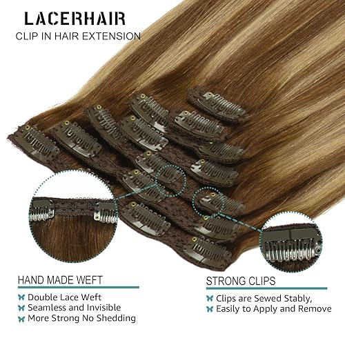 Miniatura 4 de Lacer 7 extensiones de cabello humano con clip de 4.53 oz, color marrón chocolate degradado a rubio fresa, balayage, cabello real liso natural, 20