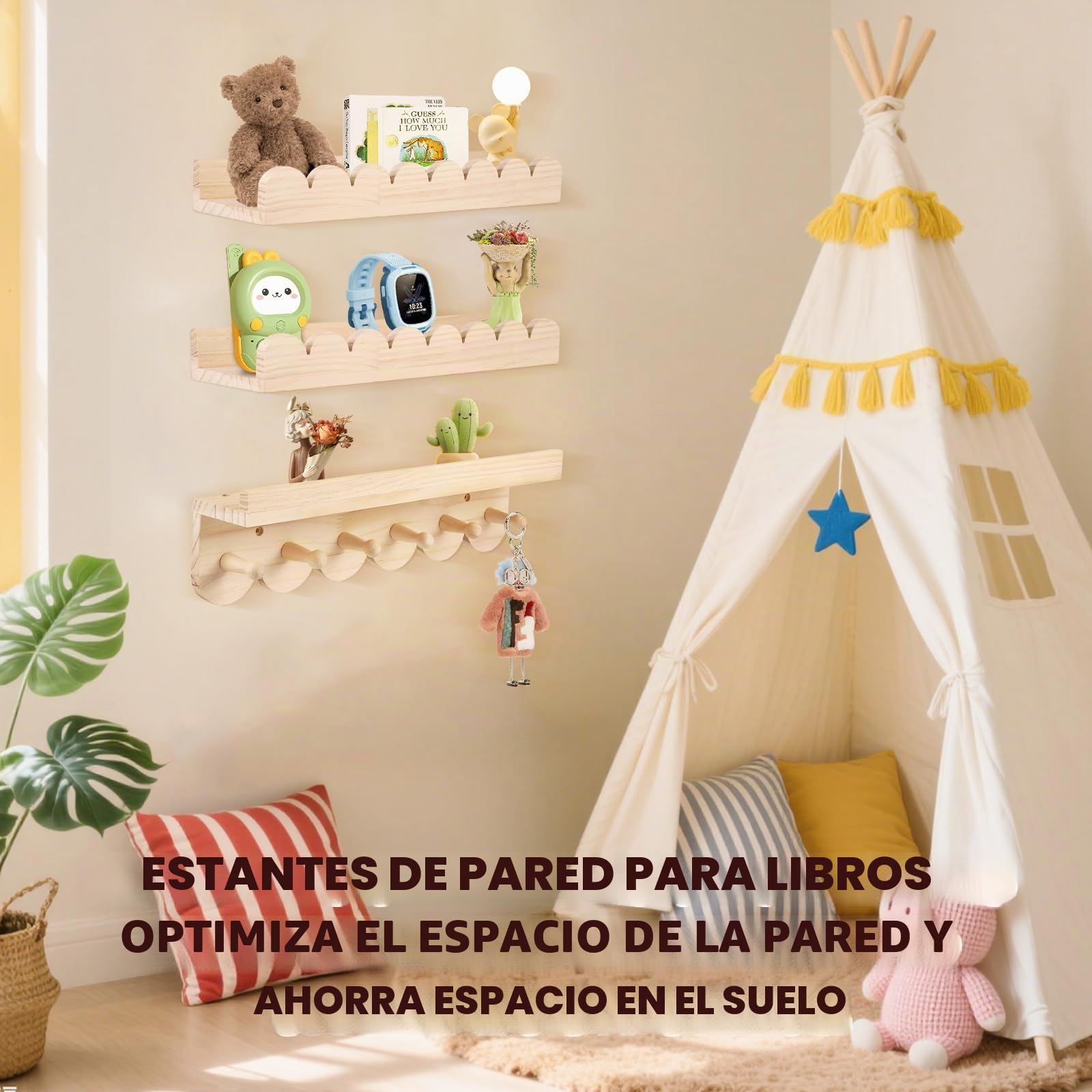 Montessori - Juego de 3 estanterías de pared para niños (40 cm, madera, con ganchos de madera, para sala de juegos, dormitorio, salón, etc.)