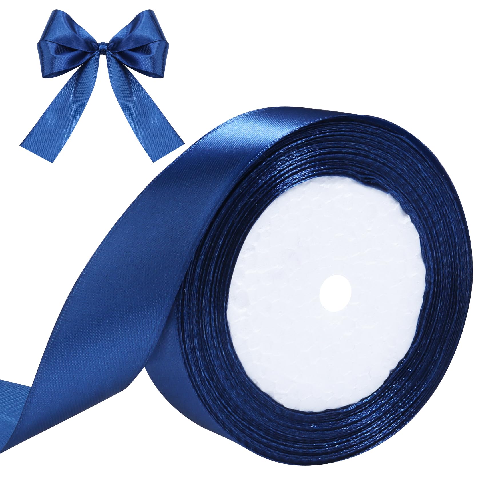 Hiswan Navy Blue Ribbon for Gift Wrapping, 1 inch Polyester Satin Hair Ribbon for Flower Bouquet, Weeding Decoration, Baby Shower, Crafts Bows Fabric