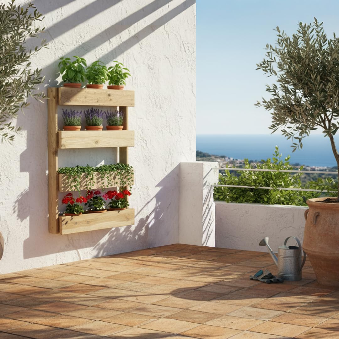 Hortalia Huerto Urbano - Jardín Vertical de Madera - Protección Autoclave Nivel IV - Stand Line (4 Bandejas, Pared)