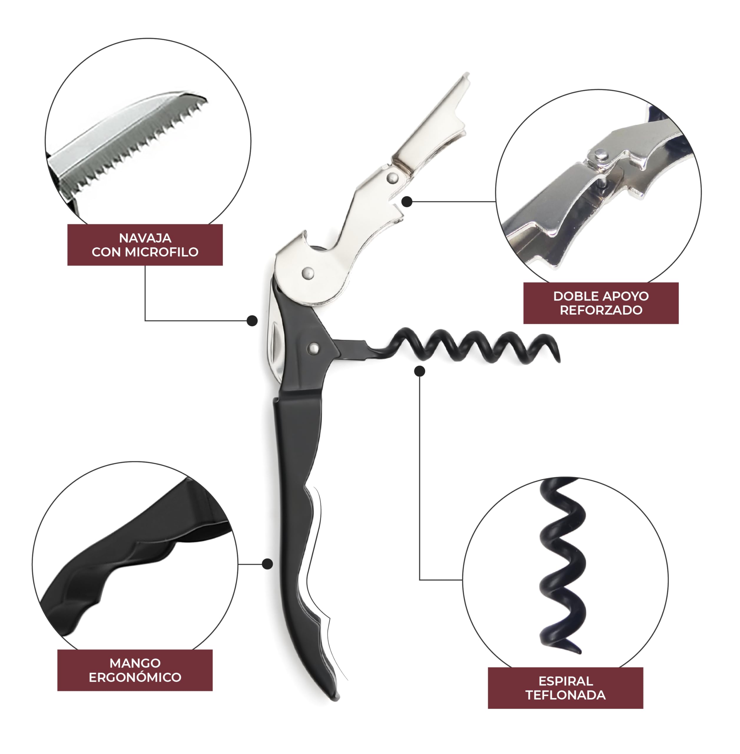 VINAK - Sacacorchos CAMARERO profesional en acero inoxidable con abrebotellas + doble apoyo articulado + navaja cortacápsulas y espiral teflonada (Negro)