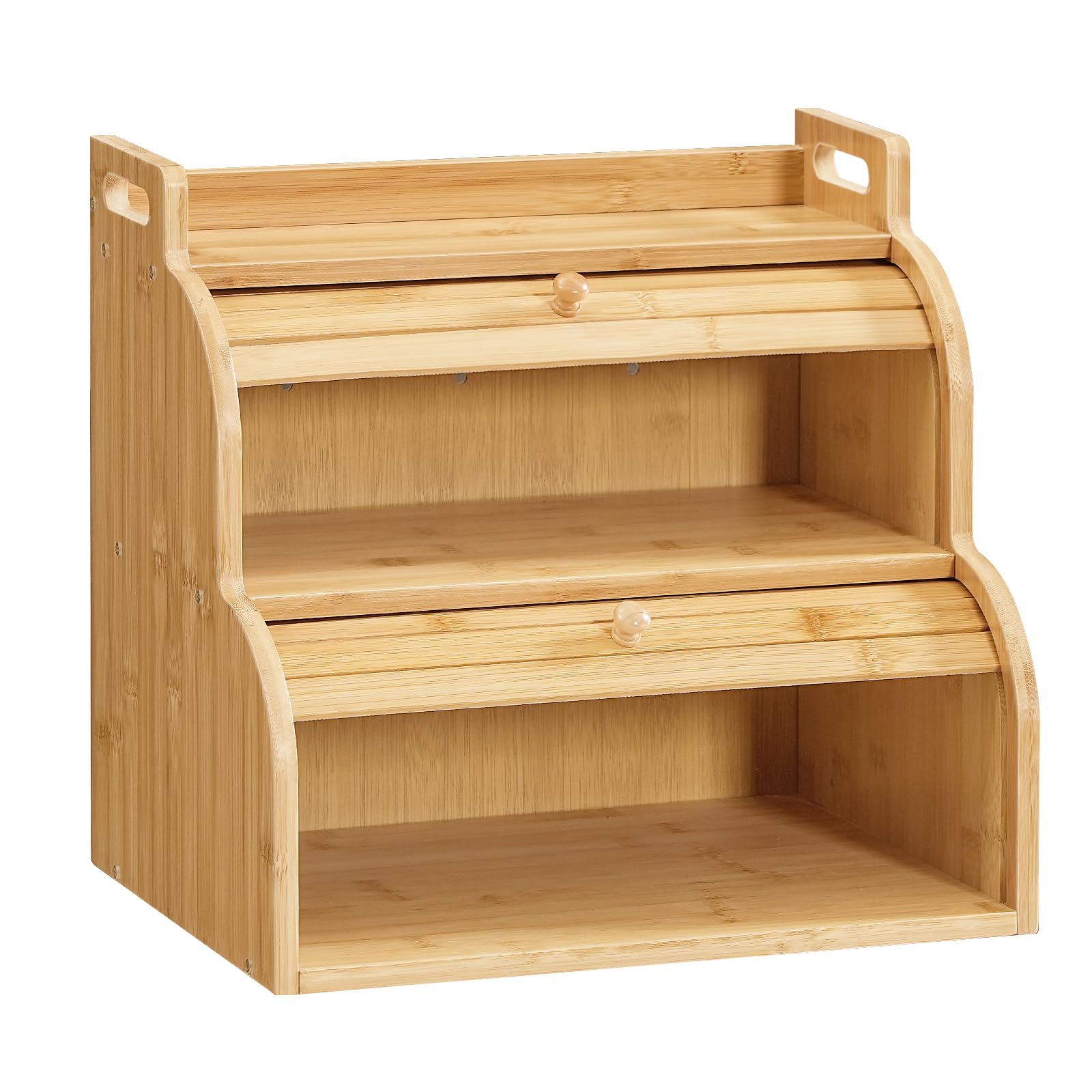 HOOBRO 2-stöckiger Brotkasten aus Bambus mit Rolldeckel, Brotkorb, Brotbox, Brotbehälter mit Griffen, Brotaufbewahrung für Küche und Esszimmer, Natur EYL15MB01