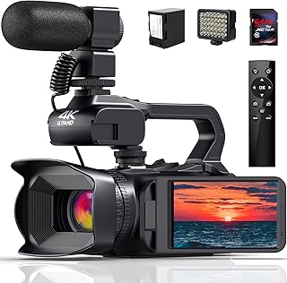 4K Video Camera Camcorder, 64MP 60FPS 18X Digital Zoom Auto Focus Vlogging Camera for YouTube, HD WiFi Video Camera with 4500mAh Battery, SD Card, Stabilizer, Mic, Remote Control and Fill Light