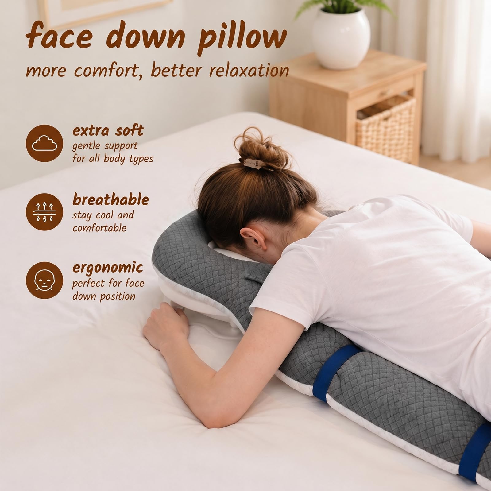 Almohada para dormir boca abajo con orificio para la cabeza, almohada ergonómica para dormir boca abajo, para dormir boca abajo, masaje reposacabezas, soporte ajustable y almohadilla para el