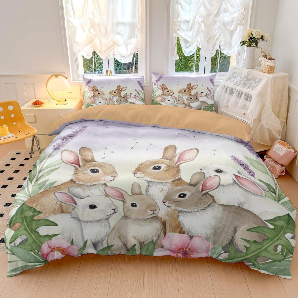 Set di biancheria da letto con copripiumino singolo a forma di coniglietto rosa, acquerello con fiocco, in morbida microfibra, per cameretta dei bambini, decorazione per la cameretta dei bambini (04