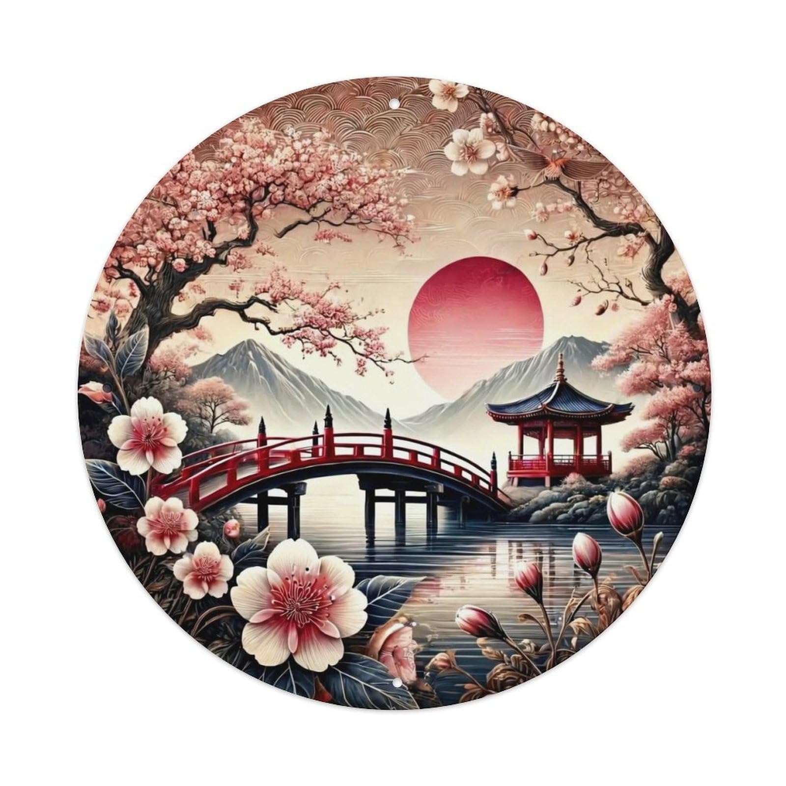 Cherry Blossom Bridge Sunset Pavilion Tin Sign Metal Poster Vintage Metal Signs for Home Man Cave Bar Cafe Kitchen laundry room Wall Decorations Gift 8x8Inch