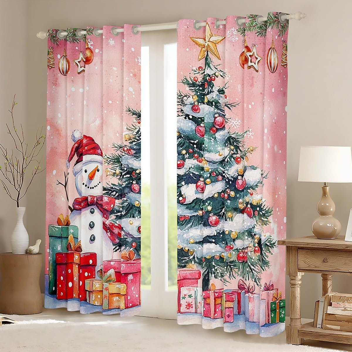Christmas Tree Window Curtain,Cute Snowman Star Polka Dot Curtains Kids Girls Boys Adults Home Room Decor,Merry Christmas Window Treatment Curtain,Santa Claus Pink Window Drapes,2 Panels,52Wx63L