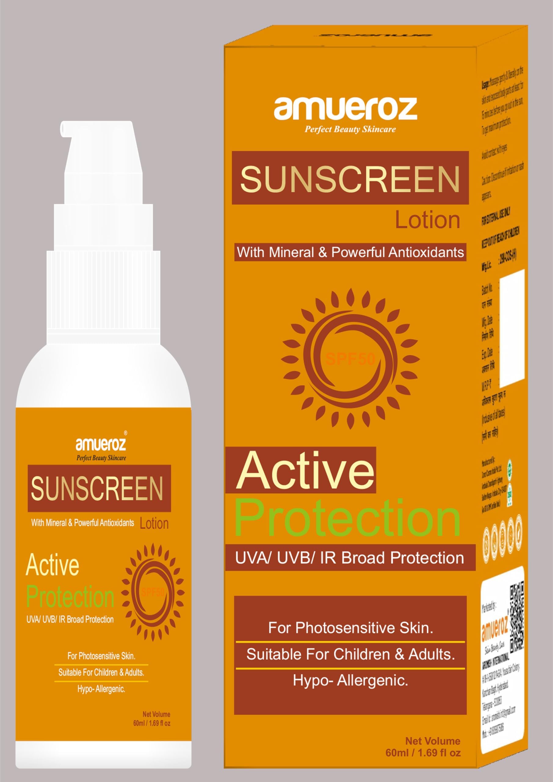 Sunscreen Lotion Active Protection SFP50 PA+++ - PACK OF TWO, for Oily or Safe Sun Block Cream, Paraben & Sulphate free - (60 ml)