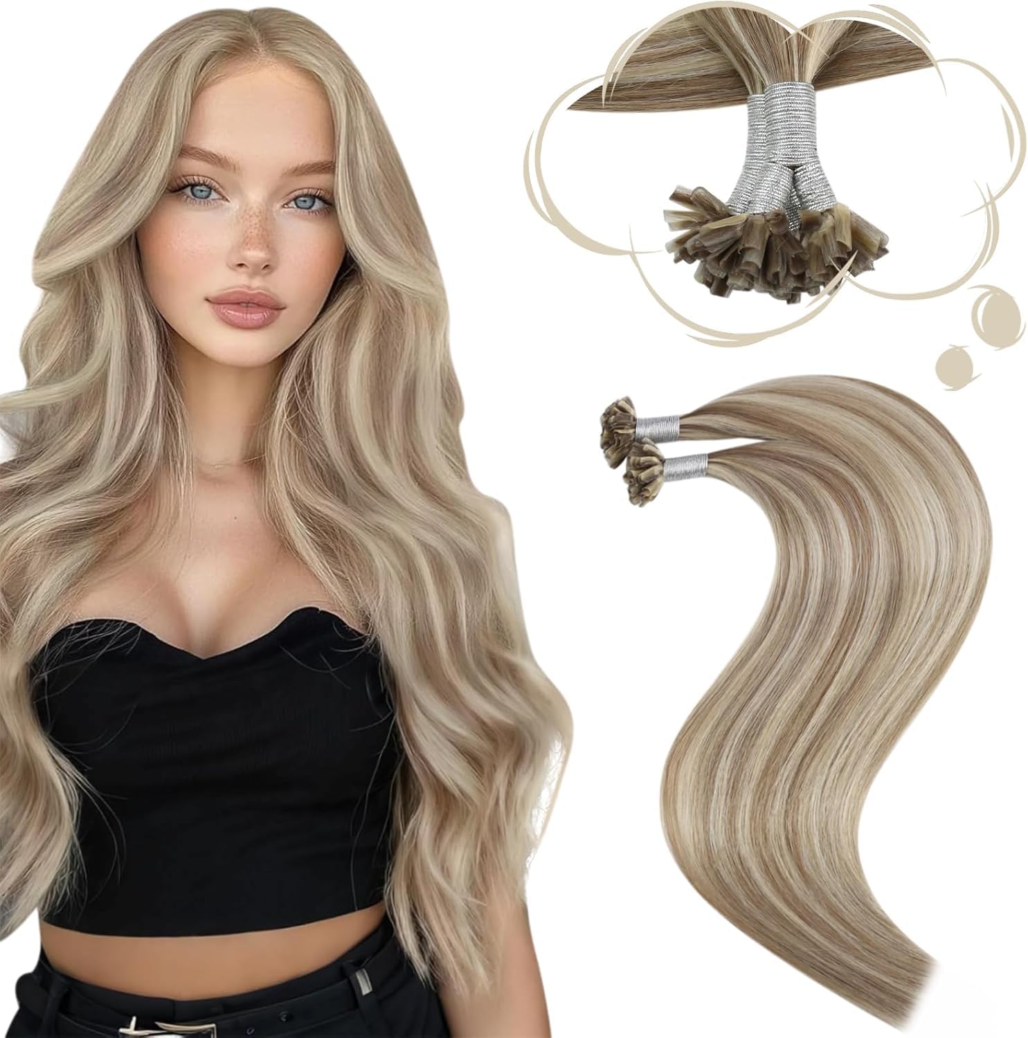 Moresoo Nano Hair Extensions Real Human Hair 16 Inch 50g/Pack Ash Blonde Highlight Nano Beads Hair Extensions Human Hair 1g/s Remy Straight Hair #P18/613 — view 58