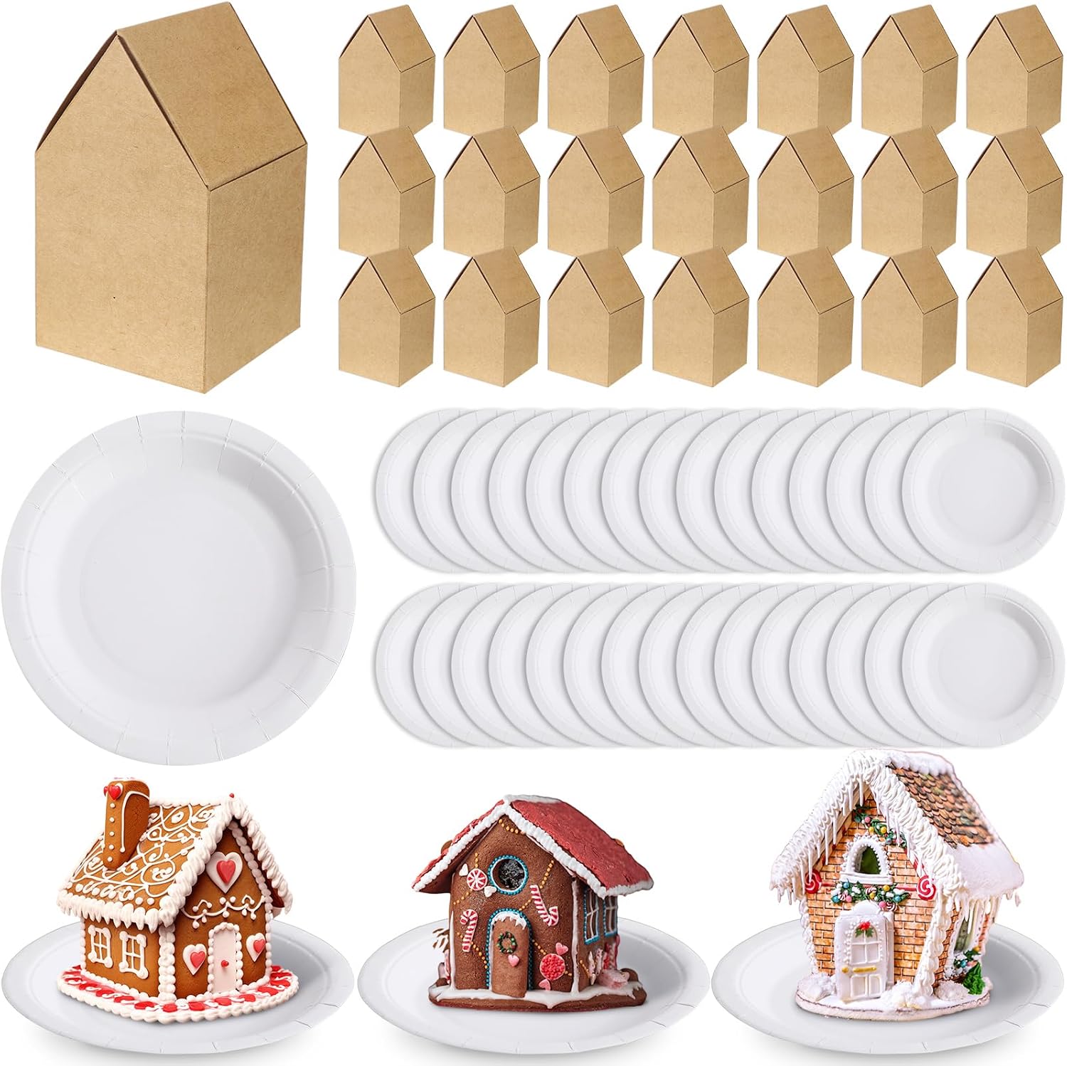 Reallnaive 60 Pcs Christmas Gingerbread House Kit 4.9" x 3" x 3" DIY Gingerbread Crafts Blank Boxes Cardboard Cookie House with 7" Round Paper Plates Xmas Decorations Holiday Fun Activity(Brown)