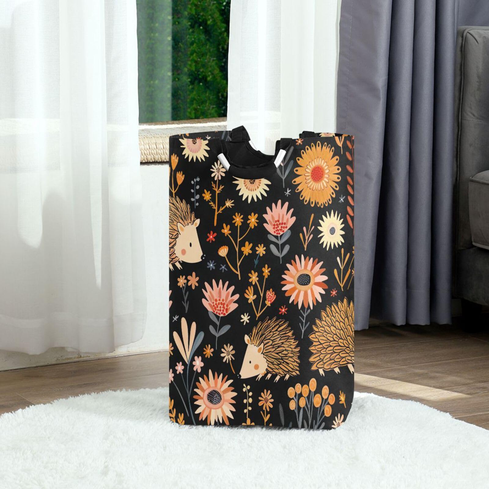 Jihqo Laundry Hamper Basket Cute Hedgehogs Flowers Collapsible Nursery Storage Bin Waterproof Clothing Baskets for Home Bedroom Bathroom Washing Room