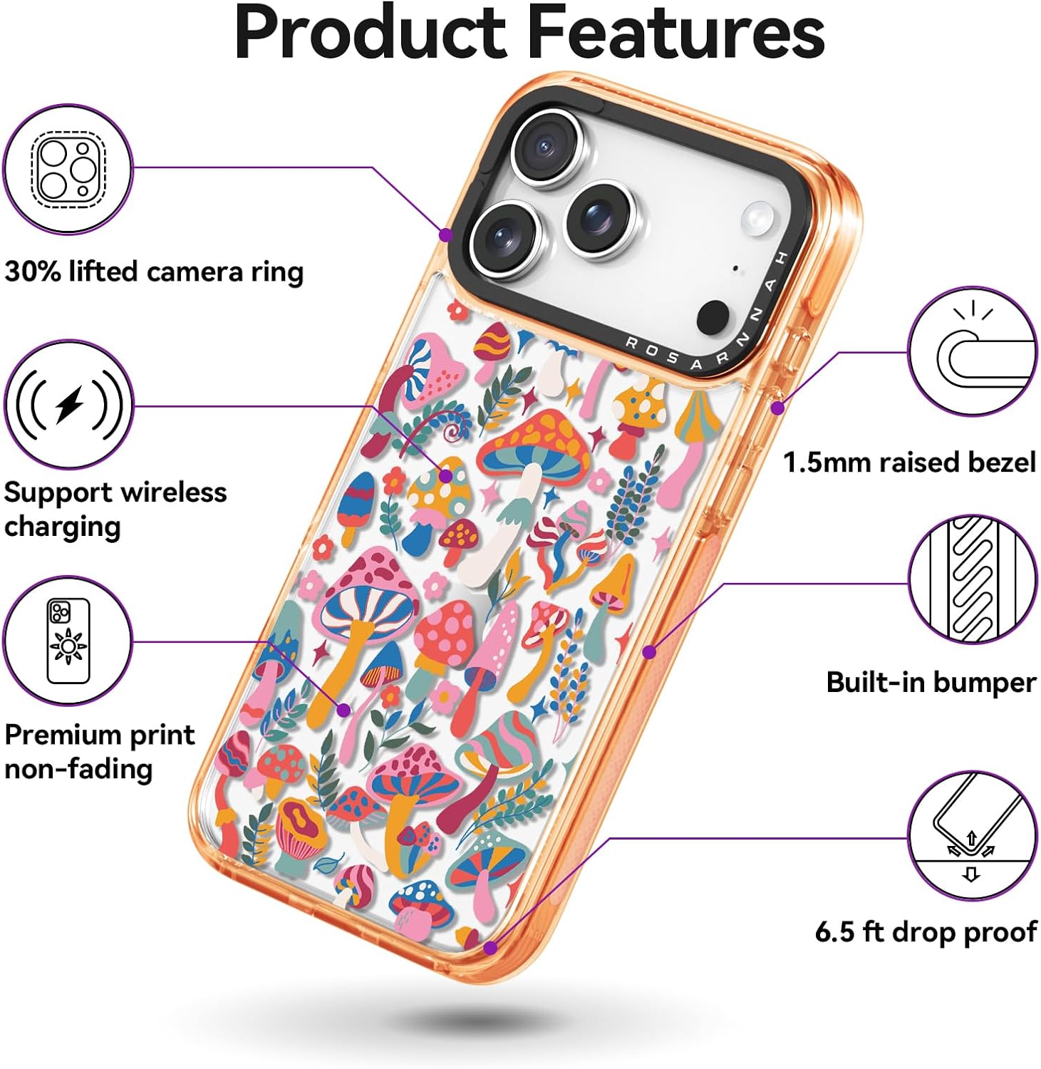 Rosarnnah for iPhone 17 Pro Max Case Cute - Military-Grade 6.6 ft Drop Protection Shockproof Phone Case - Mushroom Jungle Design (6.9') Cosmic Orange