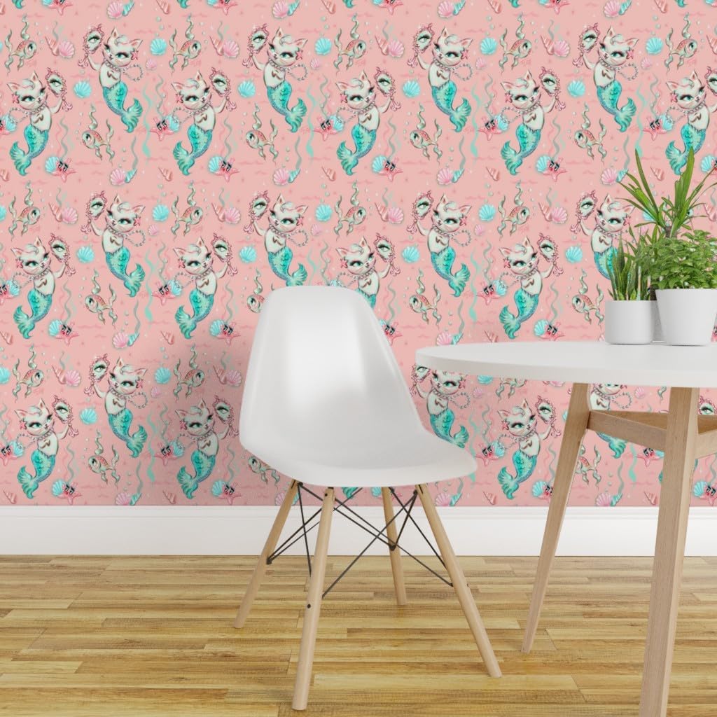 Removable Wallpaper 3ft x 2ft - Merkittens Small Vintage Retro Peach Mermaids Cats Kittens Custom Pre-Pasted Wallpaper by Spoonflower