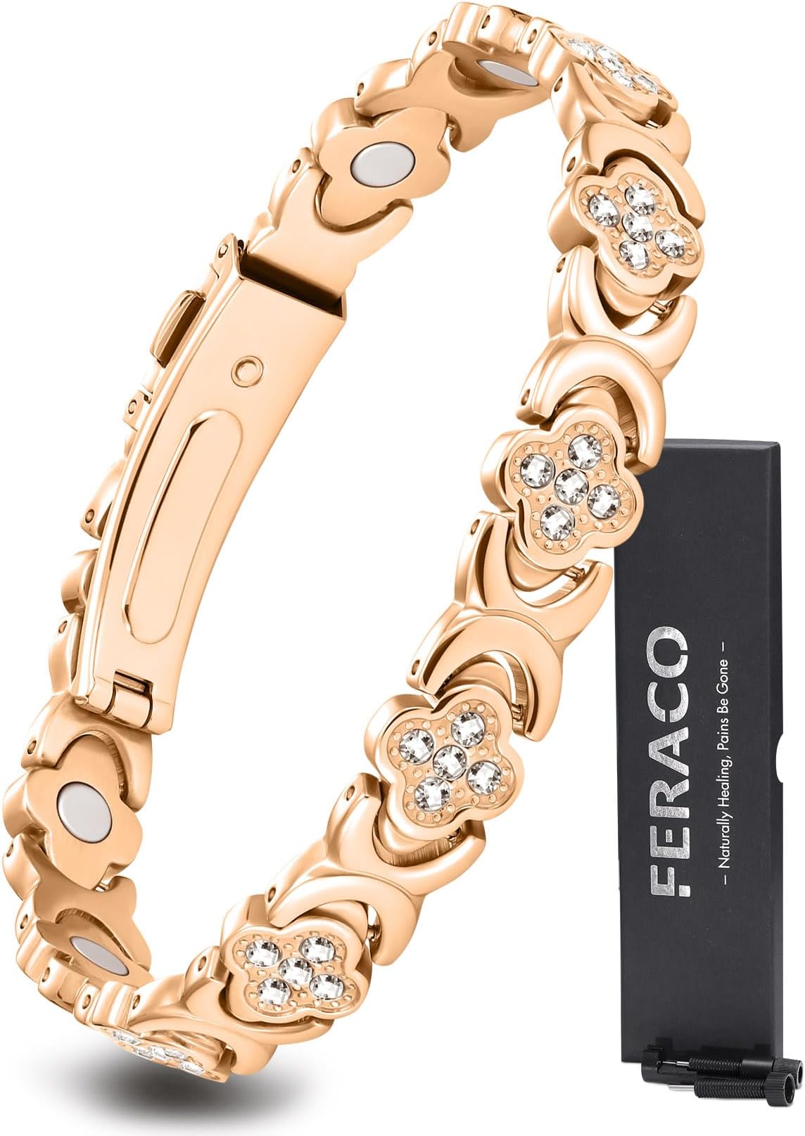 Pure Copper Bracelets for Women, Ultra Strength Magnetic Therapy Bracelet for Pain Relief with Neodymium Magnets & Sparkling Cubic Zirconia, Adjustable, Infinite Clover Jewelry