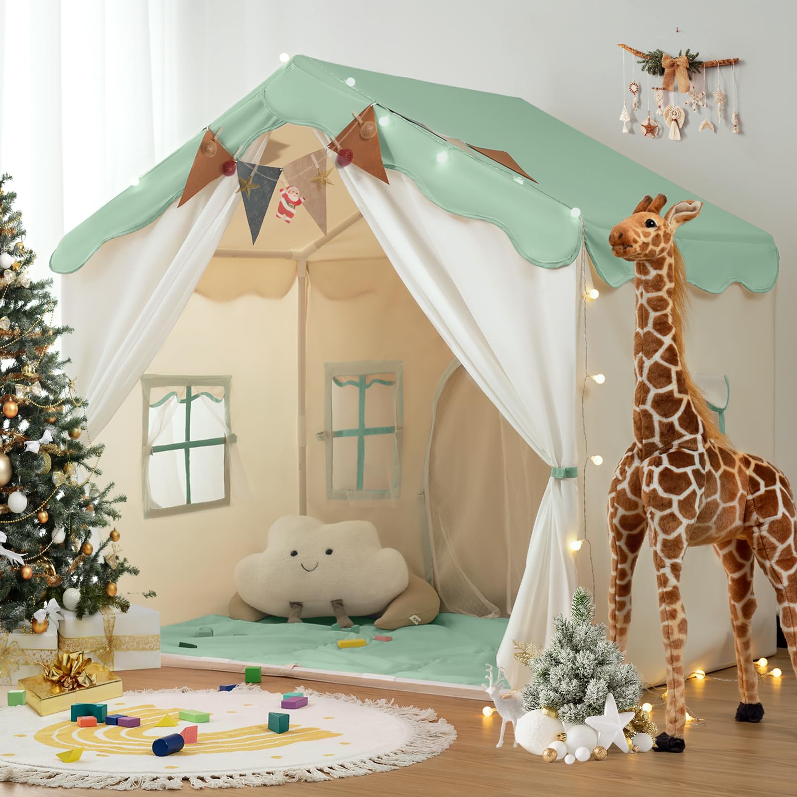 besrey 2-in-1 Kids Play House Tent for Girls & Boys – Indoor Toddler Tent with Lights & Pad, Children Tents for Kids & Toddlers, Large Bed Tents, Princess Playhouse with 2 Doors green — image 1