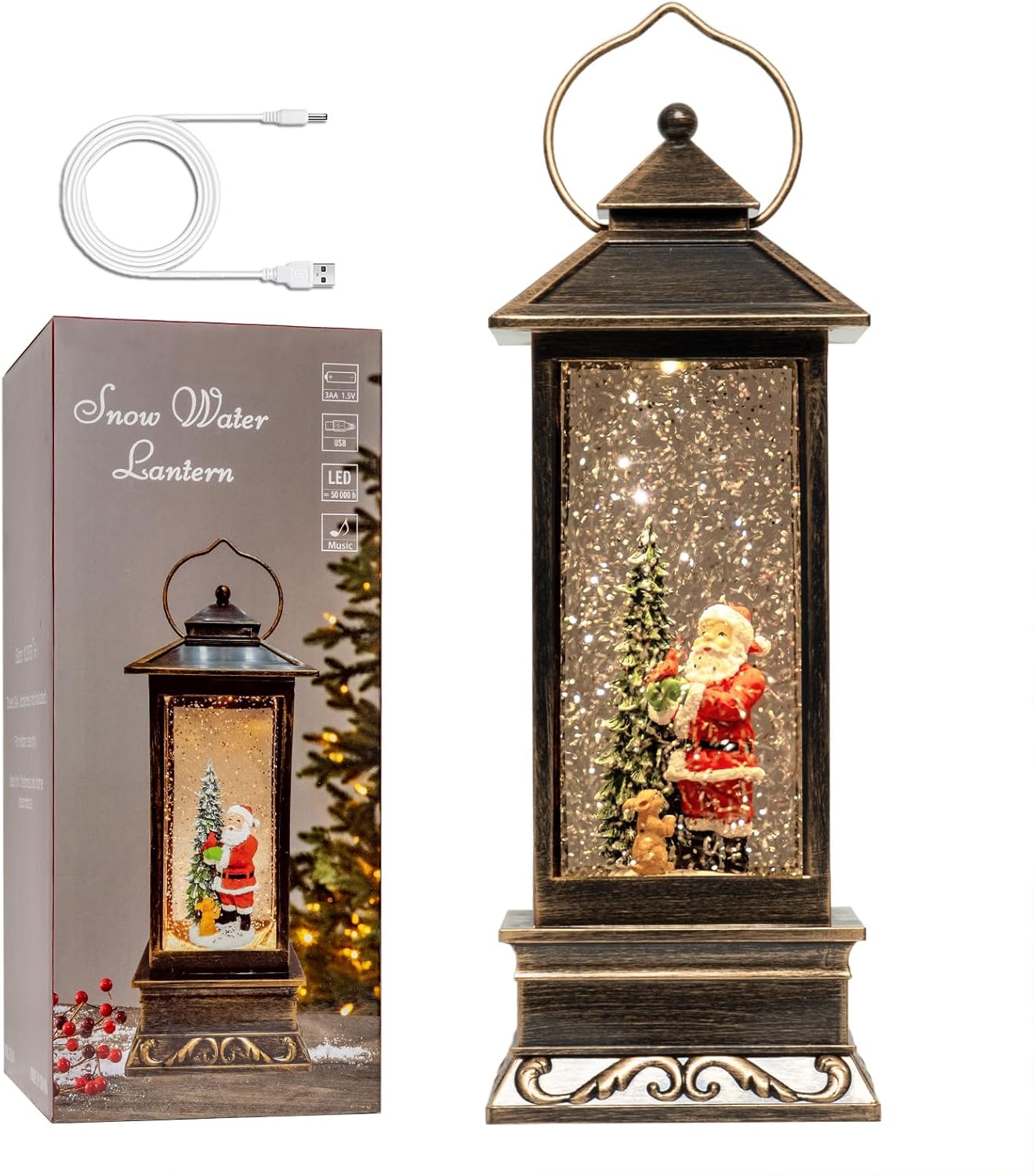 12" Christmas Snow Globe Lantern with Santa Claus and Rabbit - Water Swirling Glitter LED Light Lantern with Music - Vintage Xmas Gifts - USB Plug or Battery Operated Home Decor (Santa and Rabbit)