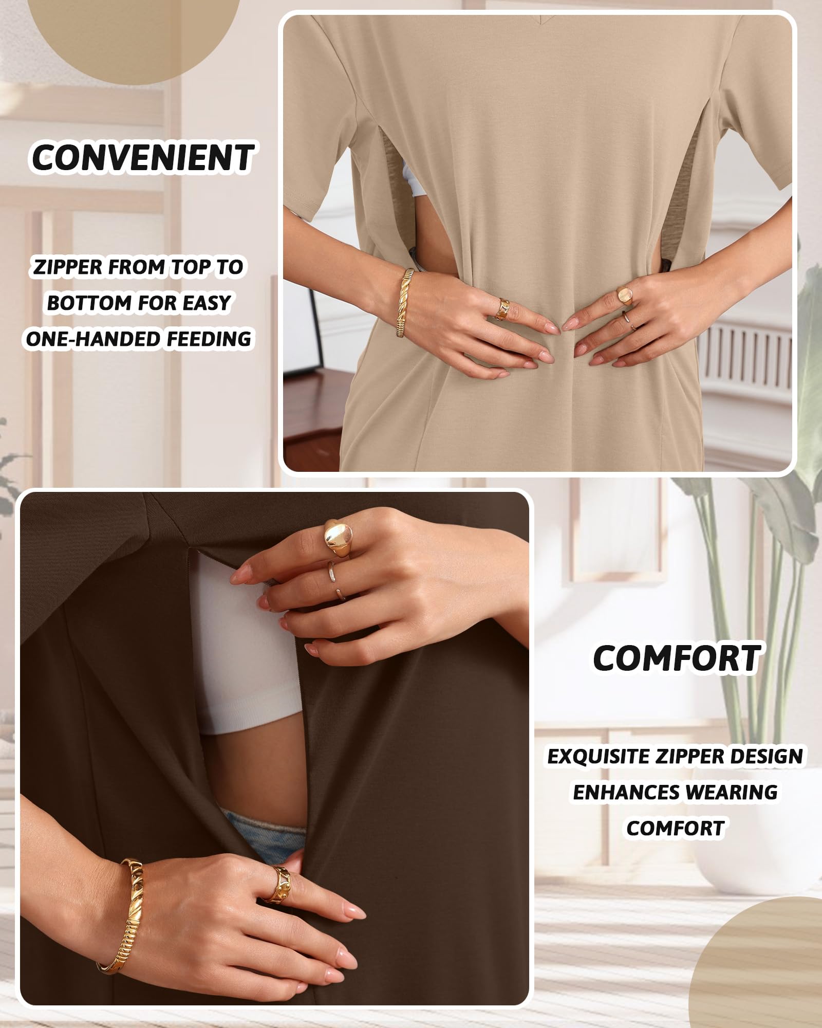 Xuniea Lot de 3 Hauts d'allaitement Oversize pour Femme, Coupe Ample, Manches Courtes, Fermetures éclair Invisibles