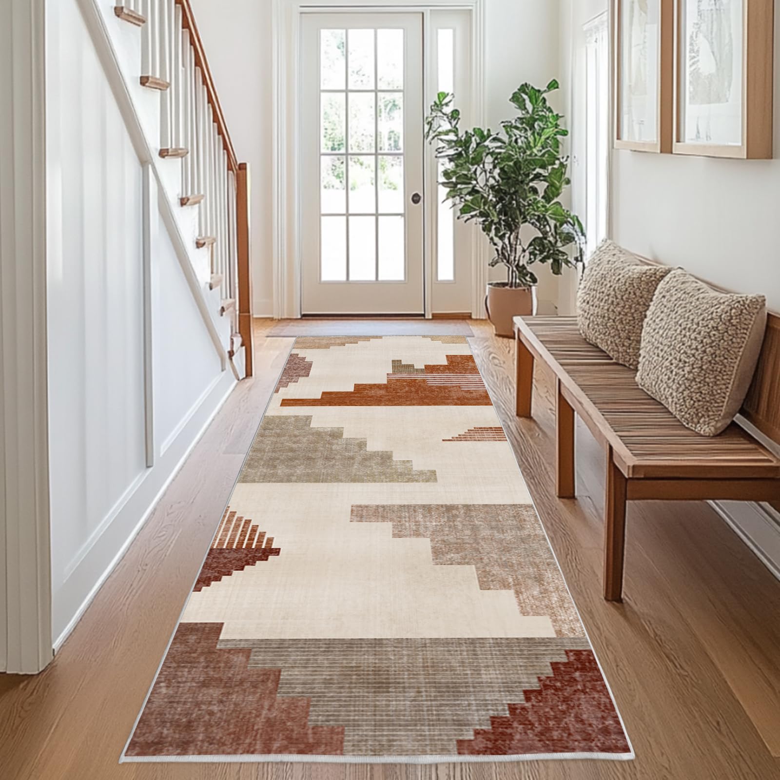 Chicnix Teppich Flur Küche 80x300, Teppich Läufer Waschbar Kurzflor rutschfest für Schmalen Gang, Moderner Geometrisch Patchwork Malerei Teppiche für Eingangsbereich Schlafzimmer, Braun Orange