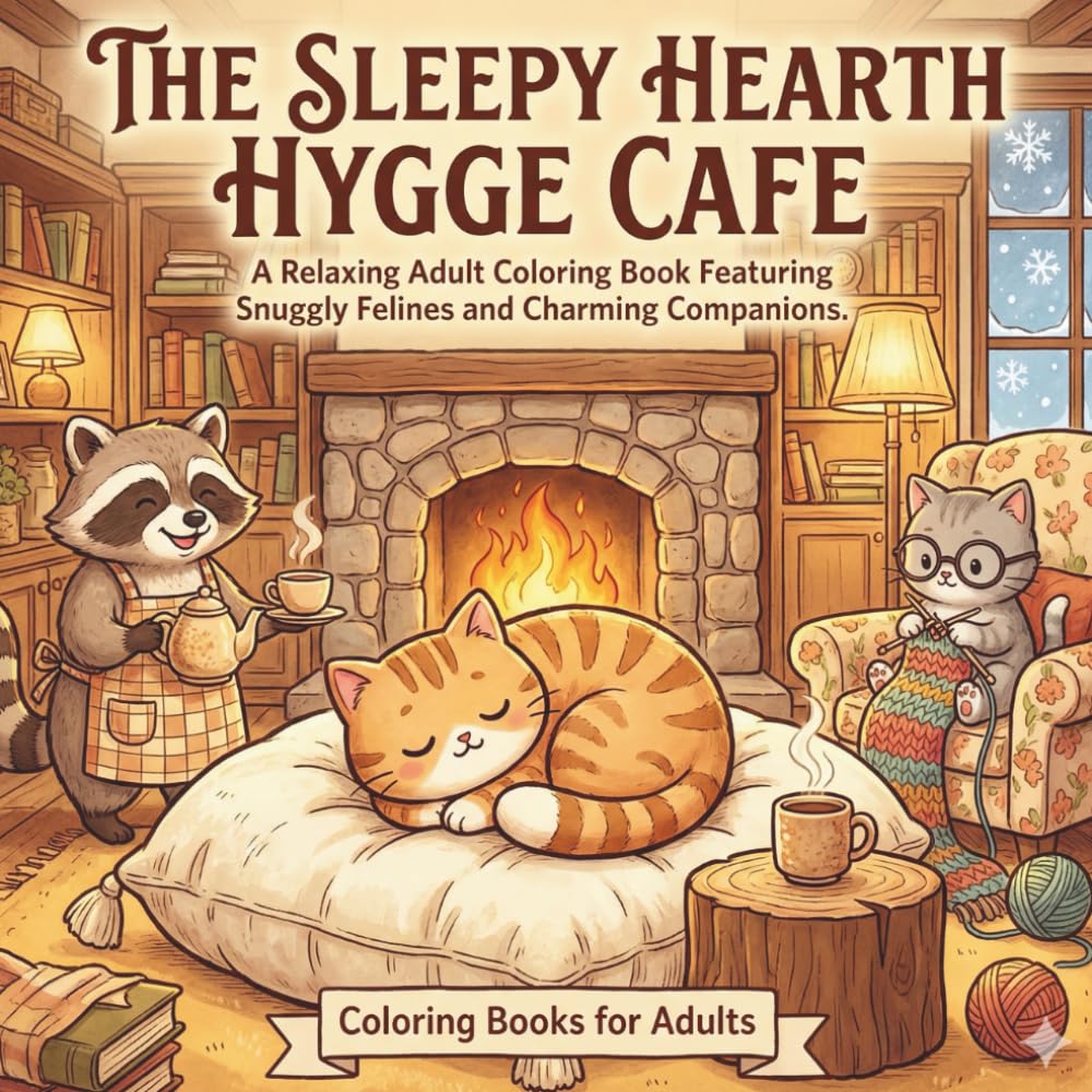 The Sleepy Hearth Hygge Cafe: A Cozy Cat Coloring Adventure: A Relaxing Adult Coloring Book Featuring Snuggly Felines and Charming Companions