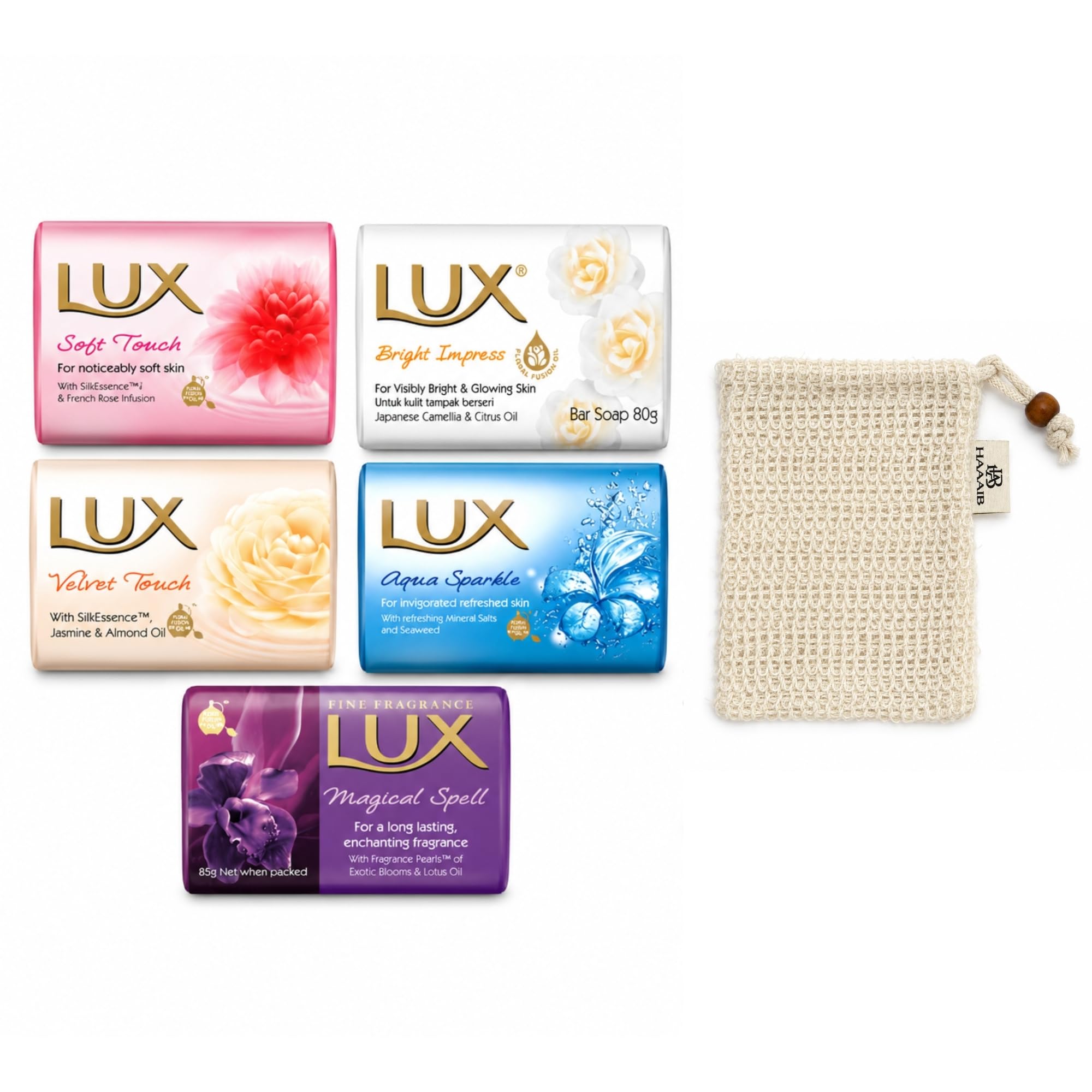 Lux Family Pack Soap Bar Bundle, 5 Pack Variety - Soft Touch, Magical Spell, Bright Impress, Aqua Sparkle, Velvet Touch, 80g Each with Soap Bag