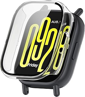 جراب حماية مزود بشاشة لحماية كاملة لساعة شاومي ريدمي ووتش 5 اكتيف واقي صلب من مادة البولي كاربون لتغطية كاملة مزودة بشاشة من زجاج مقوى عالي الحساسية، لون أسود، من دلع موبايلك (شفاف)