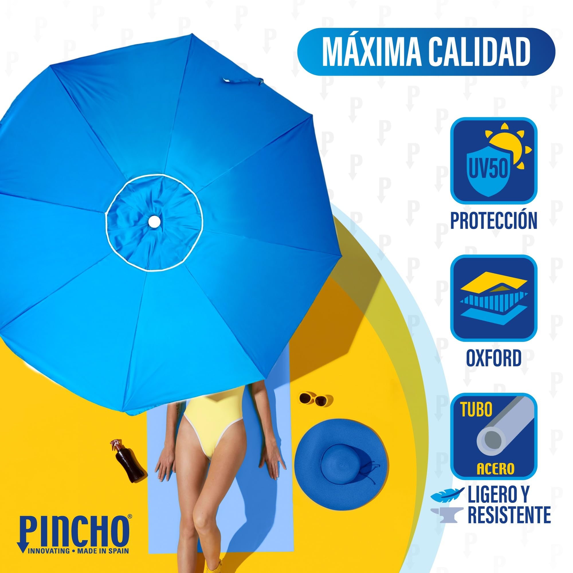 Pincho Sombrilla Playa Grande 240 cm de arco, Antiviento hasta 35km/h, Protección UV 50, Materiales de Calidad, 8 Varillas de Fibra de Vidrio, Palo reclinable