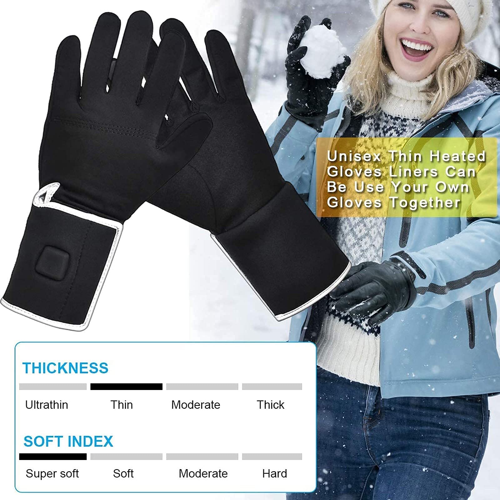 Guanti Riscaldati Ricaricabili, Guanti Riscaldanti Batteria Elettrica 7.4V 2200MAH,Scaldamani Invernali con Touchscreen per Ciclismo Equitazione Caccia Pesca Sci Nero,XS/S