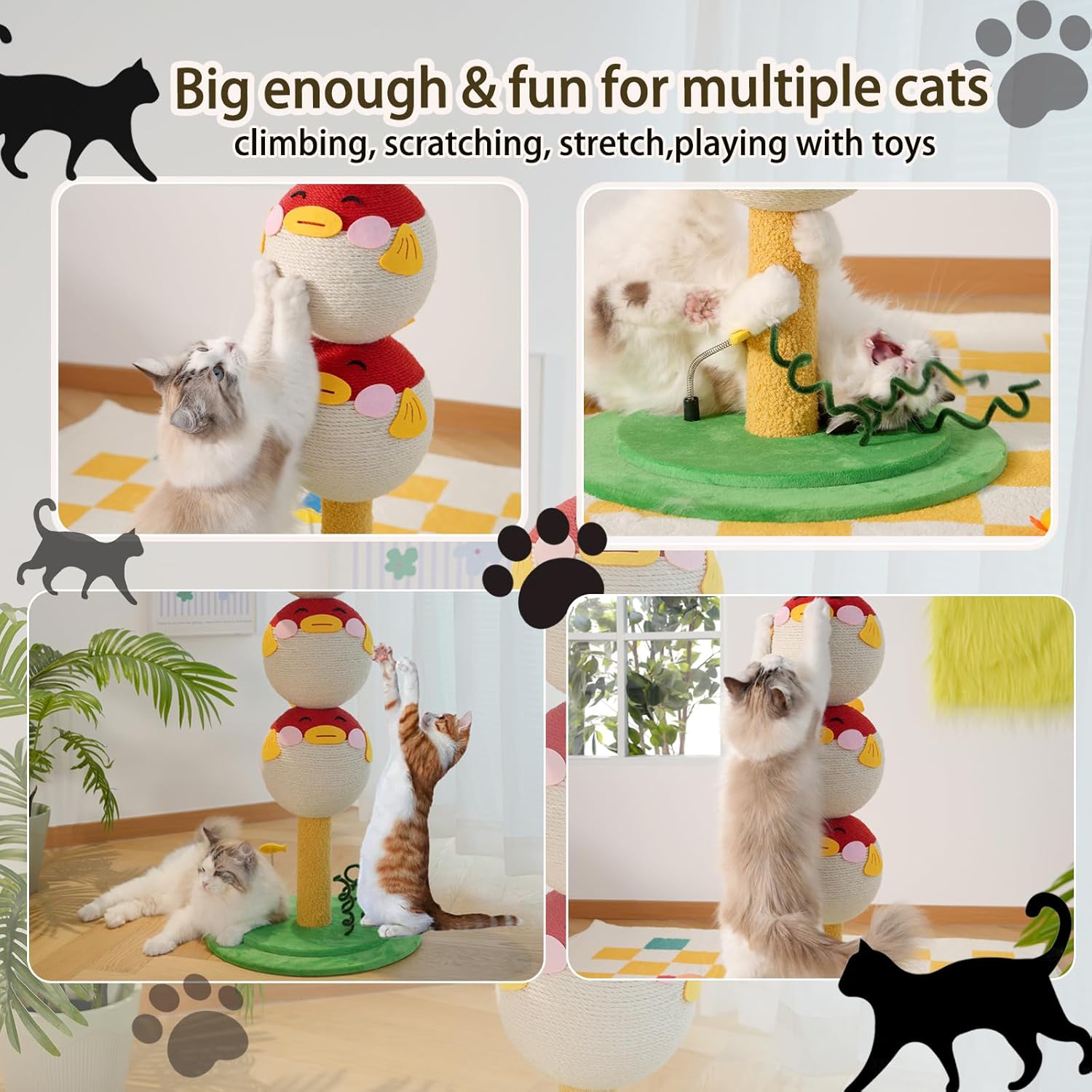 Cute Cat Scratching Post - 31.5" Tall Indoor Cat Tree Tower with Sisal Rope and Interactive Cat Toys, Featuring a Sturdy Base for Kittens and Adult Cats to Stretch Vertically