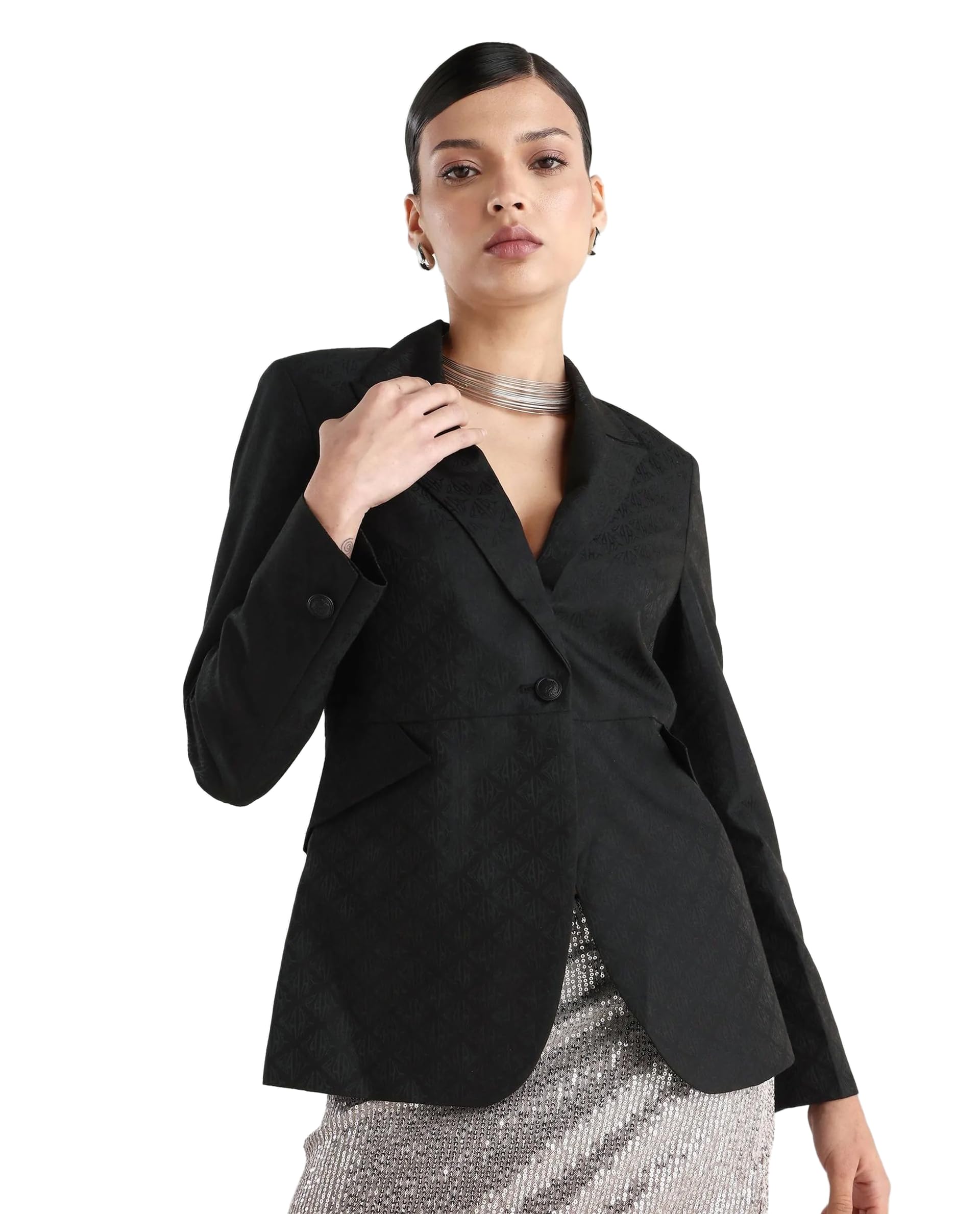 rareism Regular Fit Solid Black Polyester Notch Lapel Long Sleeve Blazer-picture-10
