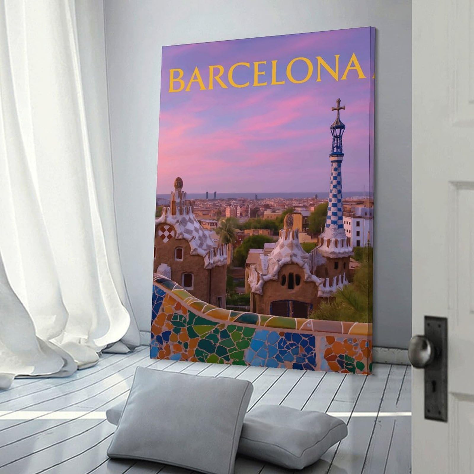 Junmoney Barcelona Park Güell at Sunset Decorative Wall Artwork 20x30inch(50x75cm), for Living Room, Lounge Or Sitting Room, A Home Accent with Warm Character