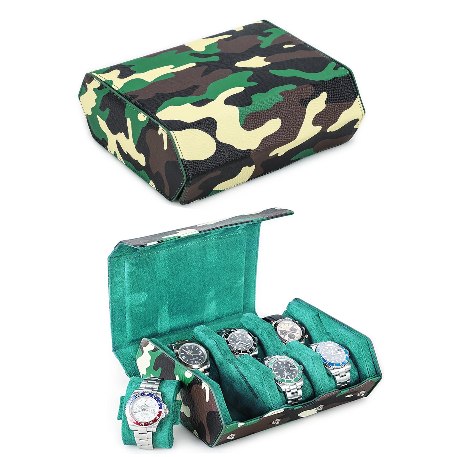 NFBCXUTKW Hiram Hexagon Leather Watch Organizer, Camouflage Printed Watch Storage Box for 6 Watches Handmade Anti-Scratch Leather Watch Case