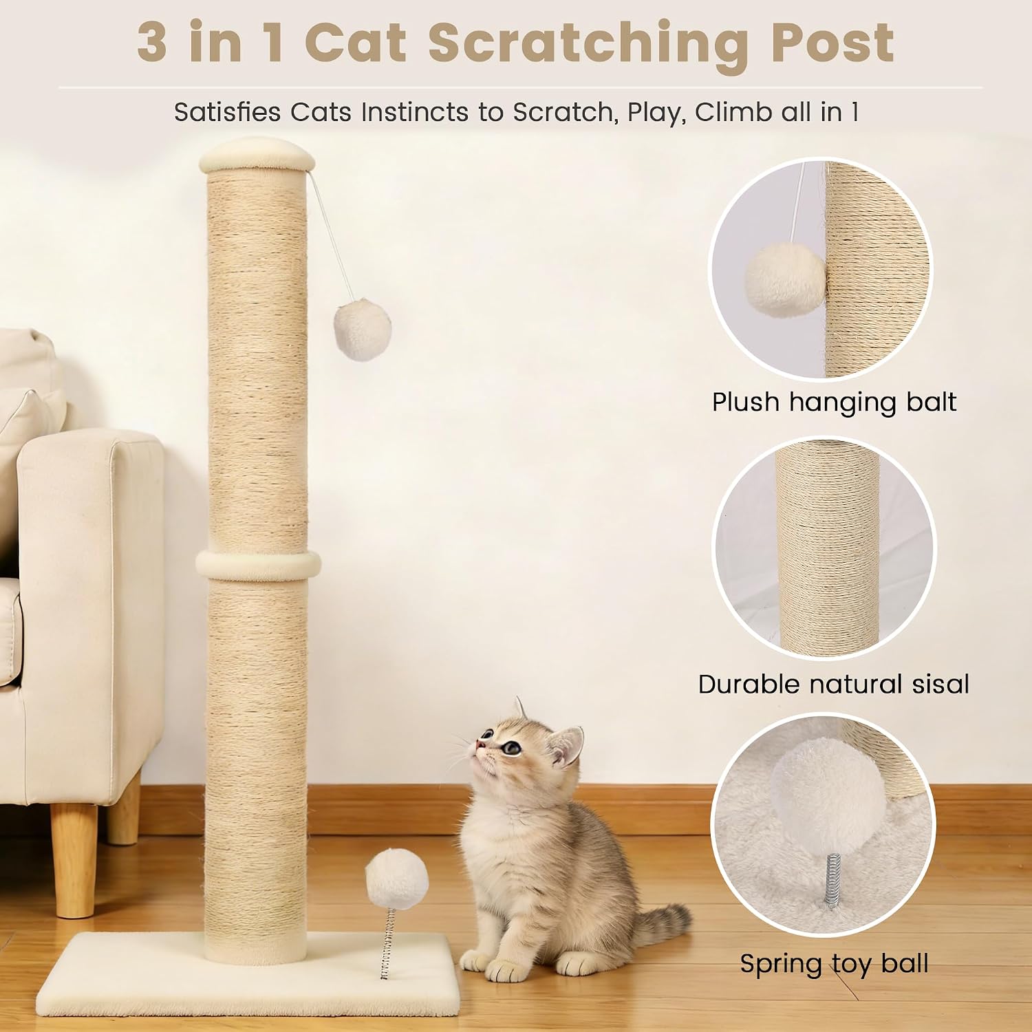 22" Small Cat Scratching Post, 3-in-1 Durable Sisal Vertical Cat Scratcher Post with Hanging Ball, Soft Fabric Stable Base Cat Scratch Pole for Kittens or Smaller Cats, Beige