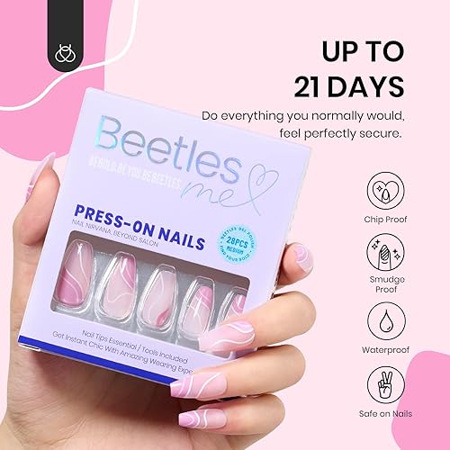 Miniatura 4 de Beetles - Uñas a presión medianas con forma de ataúd rosa, uñas reutilizables de cobertura completa en 14 tamaños, kit de 28 uñas con 0.3 onzas