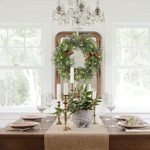 Miniatura 4 de Corona de Navidad preiluminada para puerta delantera, corona verde decorada con conos de pino, racimos de bayas, ramas de ajuste abundante, coronas