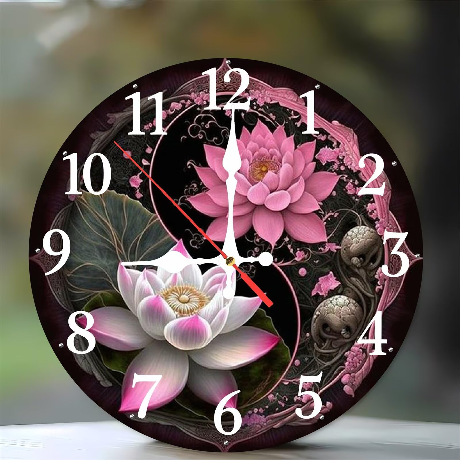 Horloge murale de cuisine et chambre zen motif lotus rose en bois