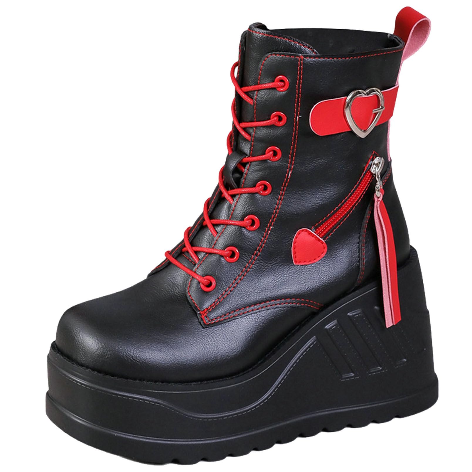 Meefit Womens Gothic Boots Platform Wedge Heel Chain Buckle Lace Up Goth Boots Punk Style Festival Footwear