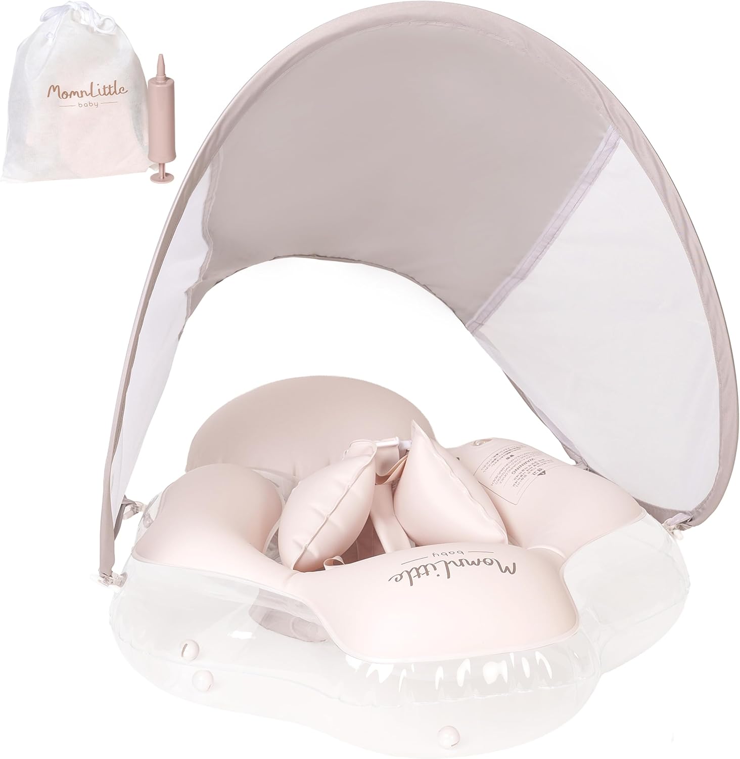 MomnLittle Inflatable Baby Pool Float with Sun Canopy, UPF 50+ UV Protection, Safety Harness and Bottom Support, Dual Air Chambers, Stabilizing Tail, No Flip Over Swimming Pool Toys