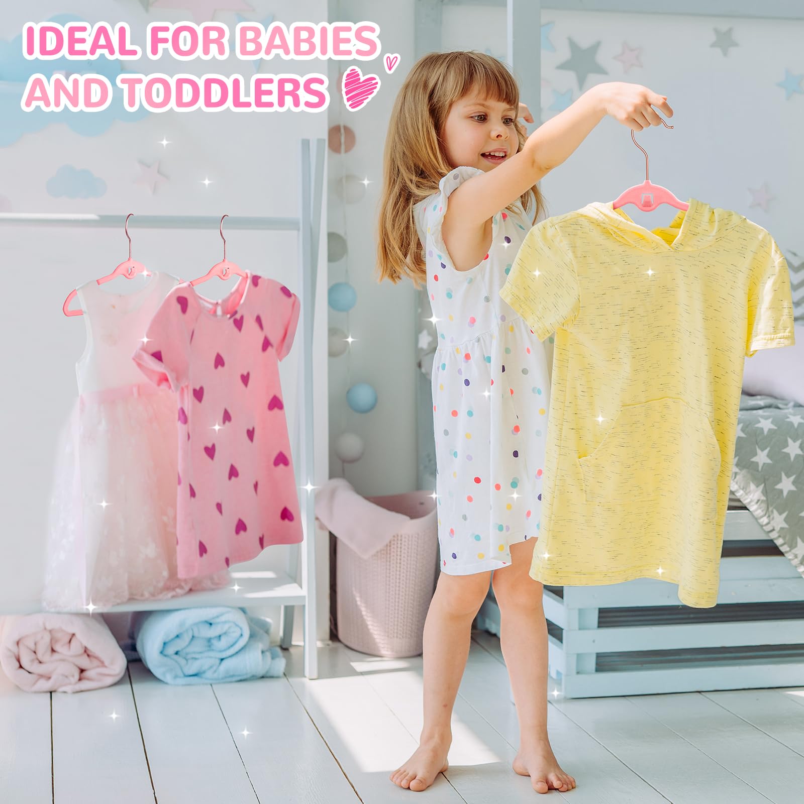 Baby-Samt-Kleiderbügel, 30 Stück, 27,9 cm, Rosa, Kinder-Kleiderbügel für Schrank, rutschfest, für Kleinkinder, für Kinderzimmer, dünn, platzsparend, stapelbar, Kinder-Kleiderbügel mit 360° drehbaren