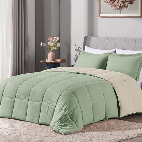 LOVTEX Juego de edredón de 3 piezas, tamaño Queen, color salvia, microfibra lavada ultrasuave, edredón reversible de plumón alternativo beige Queen