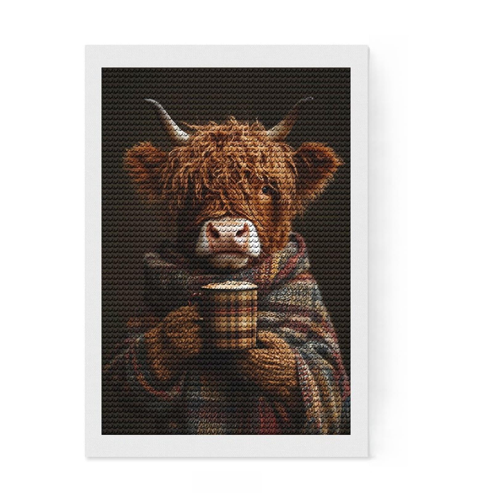 Junmoney Highland Cow with Hot Coffee Round Drill Diamond Painting 8"x12", Adhesive Canvas, Home Decoration, with Tool Kit, Creative Gift Idea