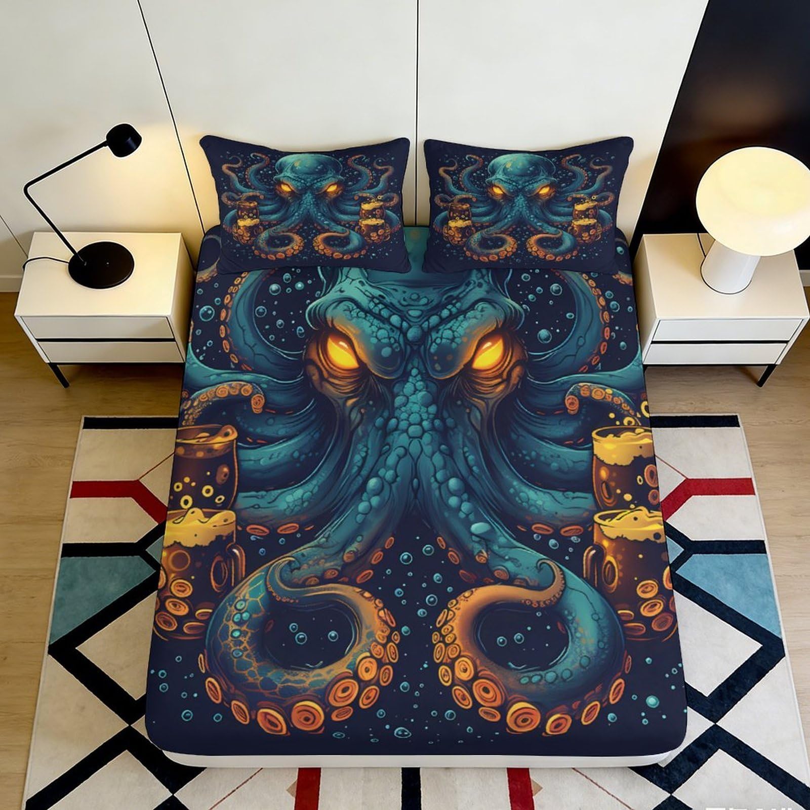 3D Printed Octopus Fitted Sheet Microfiber Soft Breathable Underwater Creature Bed Cover with Tentacles Design for Bedroom Dormitory Guest Room 200x200x25cm