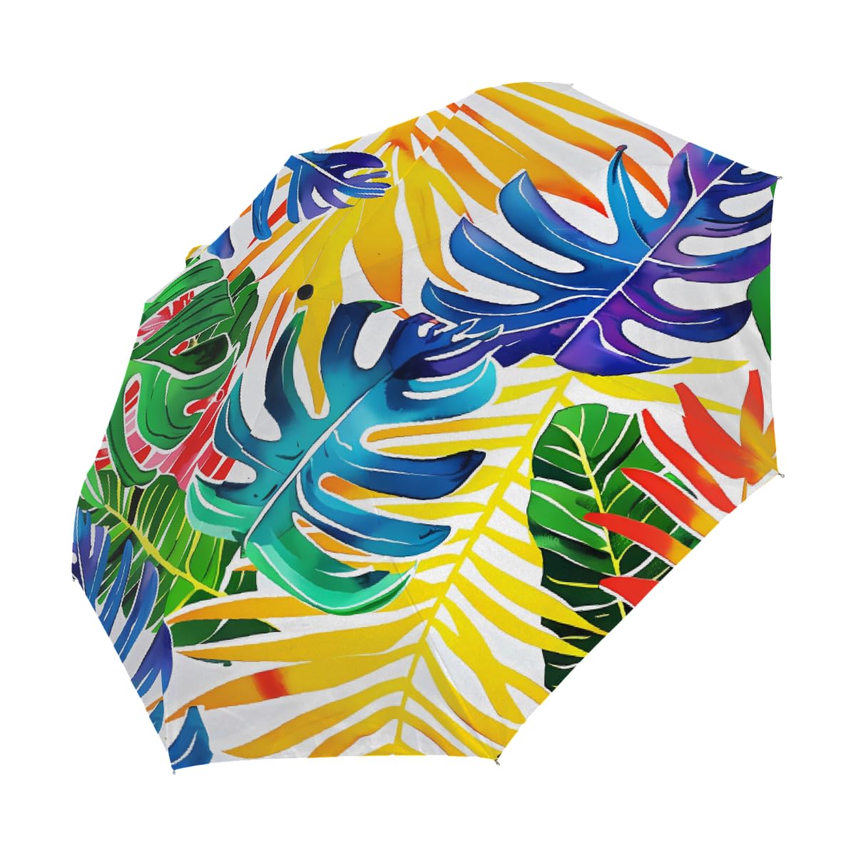Ombrello pieghevole con foglie di palma tropicali colorate, ombrello da viaggio, compatto, antivento, impermeabile, con protezione UV, rivestimento nero, leggero, 8 costine, portatile, per